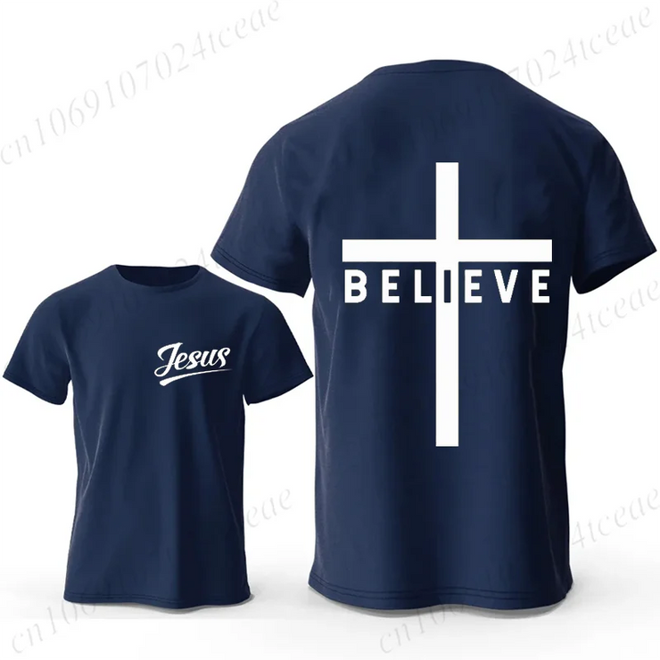 Fresh Faith Designs navy blue Christian casual wear for men T-shirt with Jesus text front and Believe cross design back
