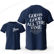 Navy blue Christian casual wear for men t-shirt with Jesus text on front and God is Good All The Time scripture on back