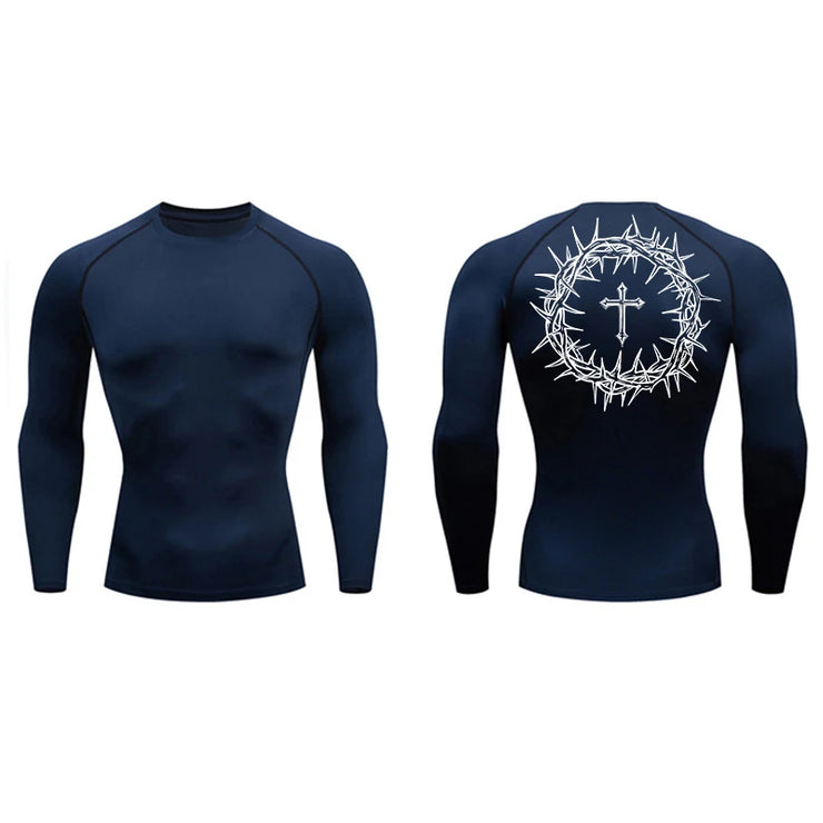 Fresh Faith Designs navy long sleeve faith-based compression shirt with crown of thorns and cross graphic on back