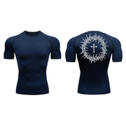 Fresh Faith Designs navy blue faith-based compression shirt with crown of thorns and cross graphic on back