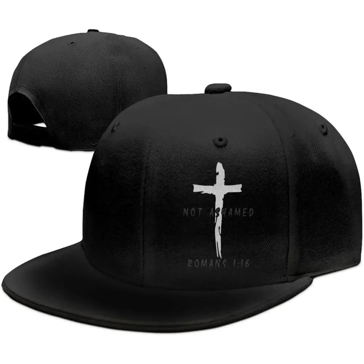 Black religious caps for men with a white cross and Romans 1:16 scripture design