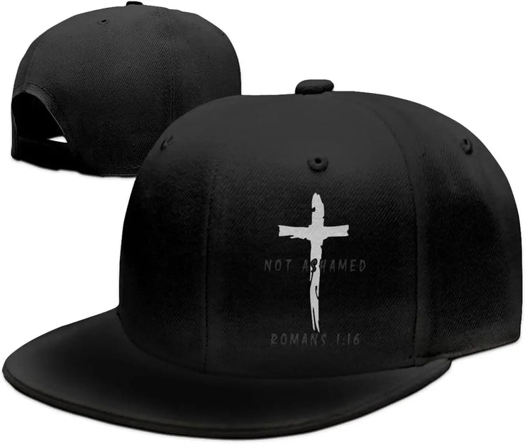 Black religious caps for men with a white cross and Romans 1:16 Bible verse embroidery
