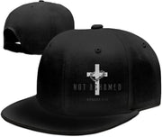 Black religious caps for men with Not Ashamed text and cross design from Fresh Faith Designs