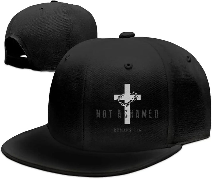 Black religious caps for men with Not Ashamed text and cross design from Fresh Faith Designs