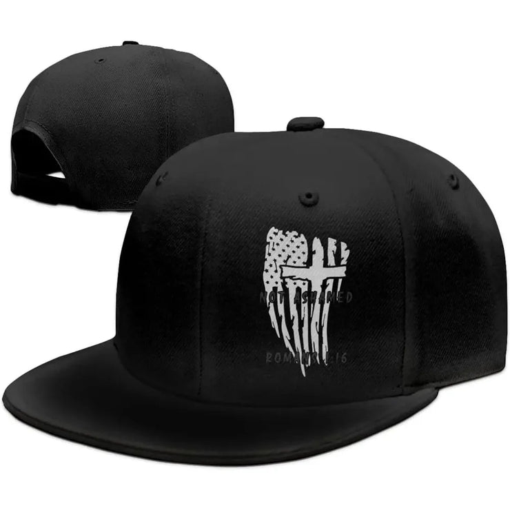 Black religious caps for men with a distressed American flag cross design on the front