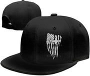 Black religious caps for men with a white distressed American flag and cross design by Fresh Faith Designs