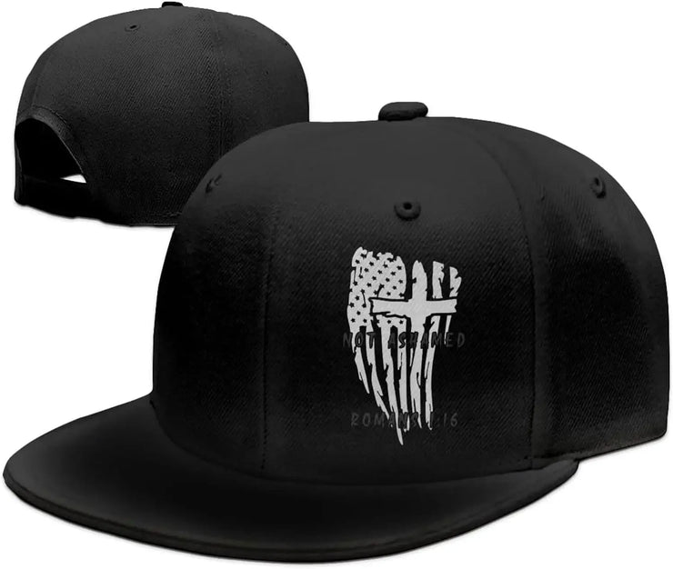 Black religious caps for men with a white distressed American flag and cross design by Fresh Faith Designs