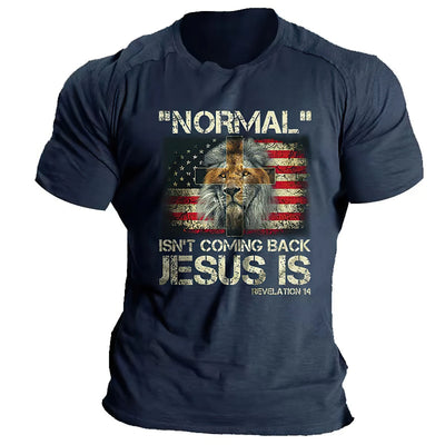 Navy blue patriotic Christian apparel t-shirt with American flag, lion cross design, and inspirational Jesus quote