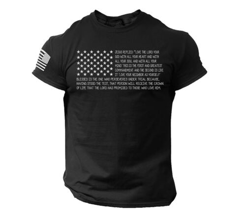 Black Patriotic Christian T-Shirt with American flag and faith-based scripture design by Fresh Faith Designs
