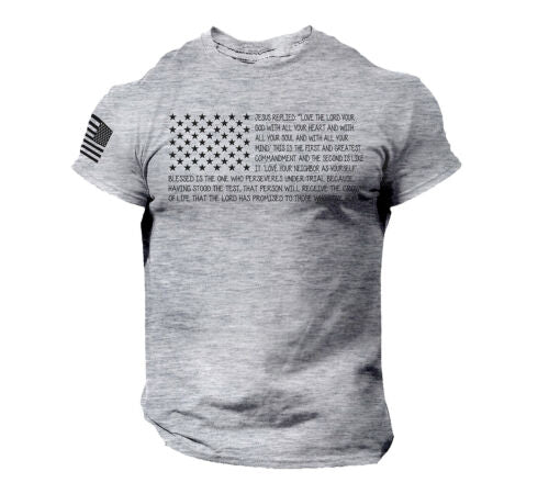 Fresh Faith Designs gray Patriotic Christian T-Shirt with American flag and Bible verse print