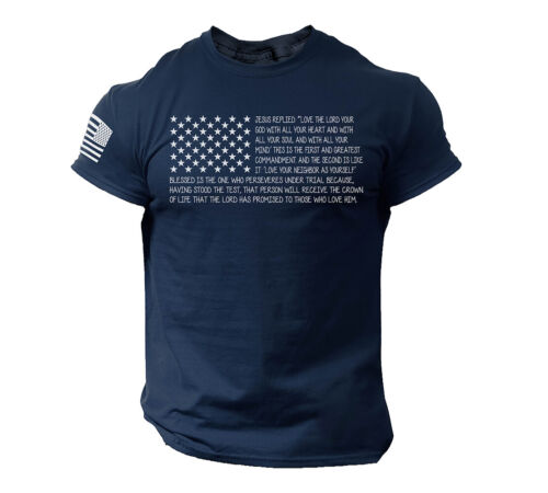 Navy blue Patriotic Christian T-Shirt with American flag and scripture text on chest and sleeve