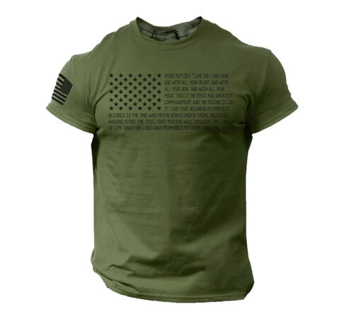 Olive green Patriotic Christian T-Shirt with black American flag and scripture text on front and sleeve