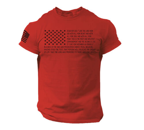 Red Patriotic Christian T Shirt with American flag and Bible verse design by Fresh Faith Designs