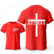 Red Christian casual wear for men t-shirt with Jesus and cross believe design by Fresh Faith Designs