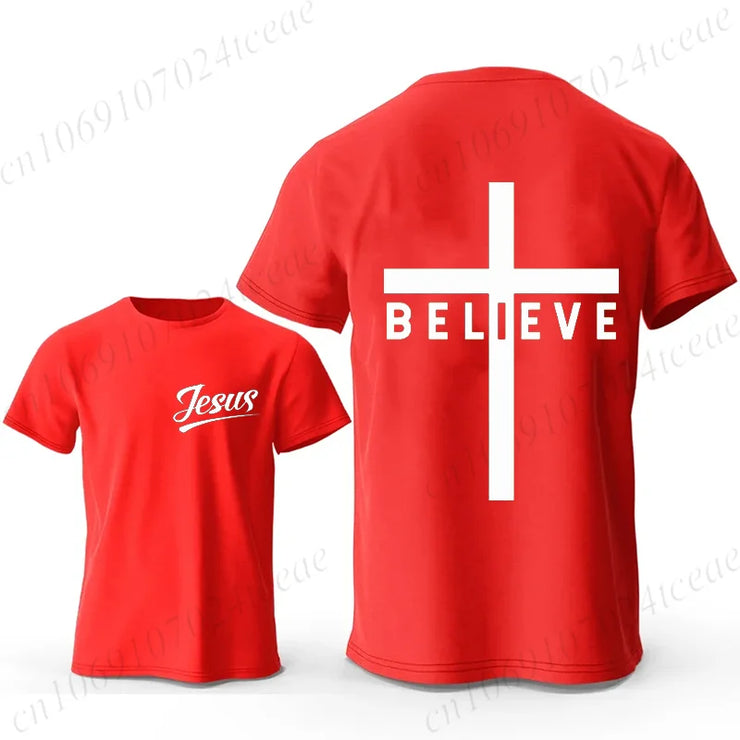 Red Christian casual wear for men t-shirt with Jesus and cross believe design by Fresh Faith Designs
