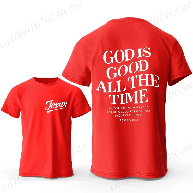 Red Christian casual wear for men T-shirt with Jesus front print and God is good all the time back design