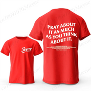 Red Christian casual wear for men T-shirt with Jesus logo front and Pray About It scripture on back