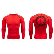 Fresh Faith Designs red faith-based compression shirt with long sleeves and crown of thorns cross back design
