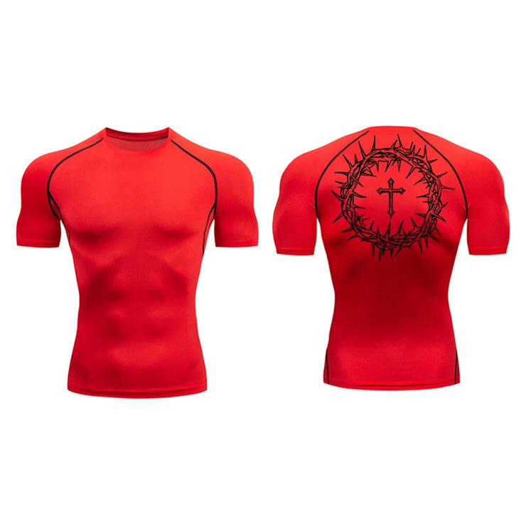 Fresh Faith Designs red faith-based compression shirt with black cross and crown of thorns graphic on back