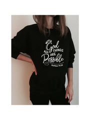 Black sweatshirt with inspirational Bible verse print worn by woman religious apparel for women