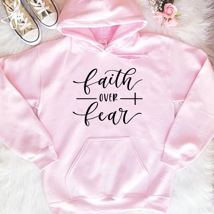 Pink hoodie with faith over fear design, religious casual apparel by Fresh Faith Designs