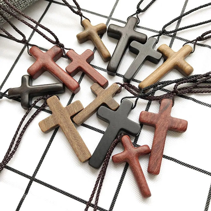 Religious cross necklace for men and women from Fresh Faith Designs in various wood tones on cords