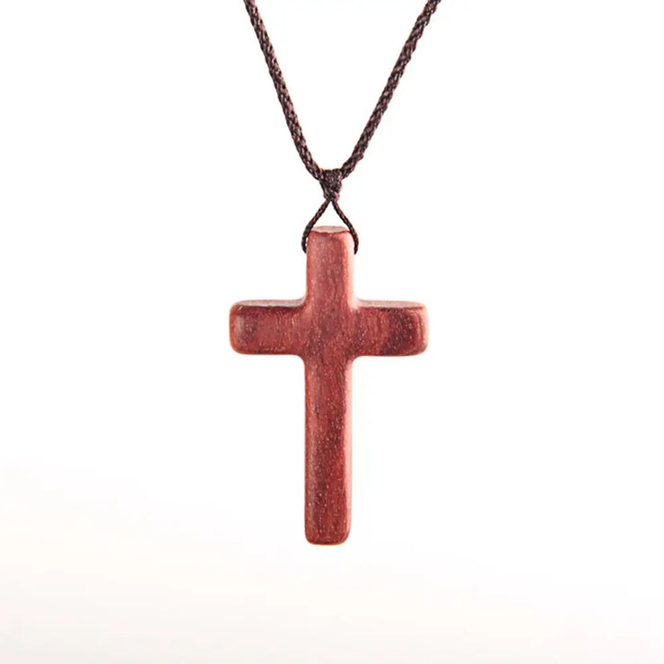 Fresh Faith Designs religious cross necklace for men and women with a wooden cross pendant on a brown cord