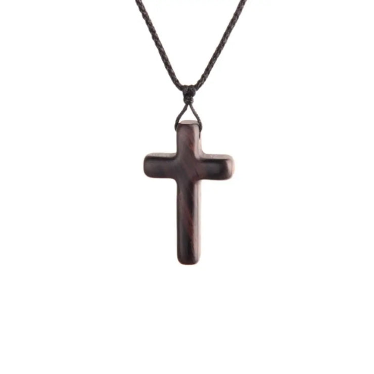 Religious cross necklace for men and women with dark wood pendant on braided cord by Fresh Faith Designs