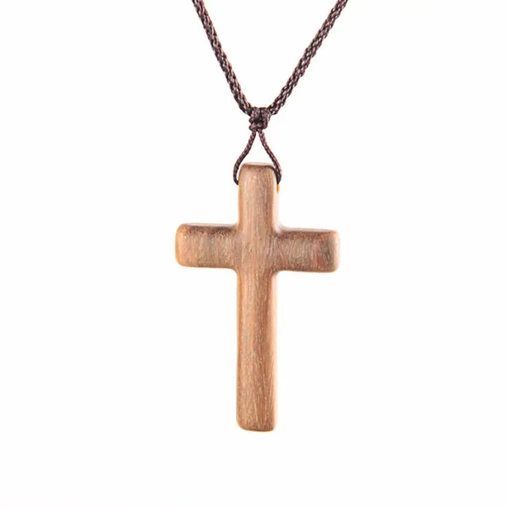Religious cross necklace for men and women by Fresh Faith Designs with wooden pendant on brown cord