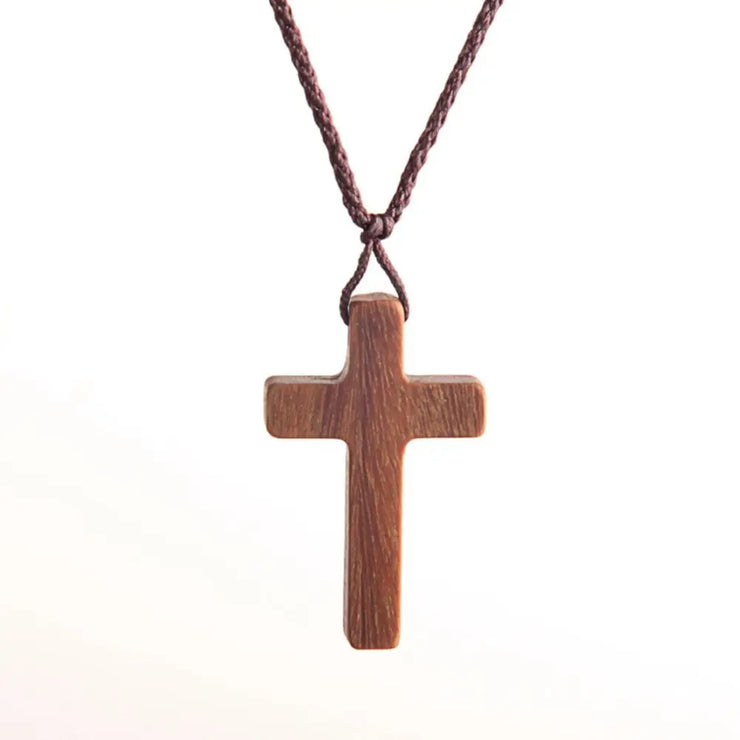 Fresh Faith Designs wooden religious cross necklace for men and women with brown braided cord