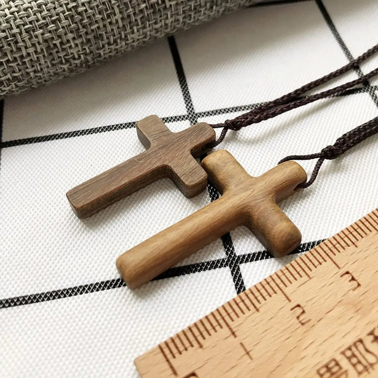 Fresh Faith Designs religious cross necklace for men and women made of carved wood with adjustable cords
