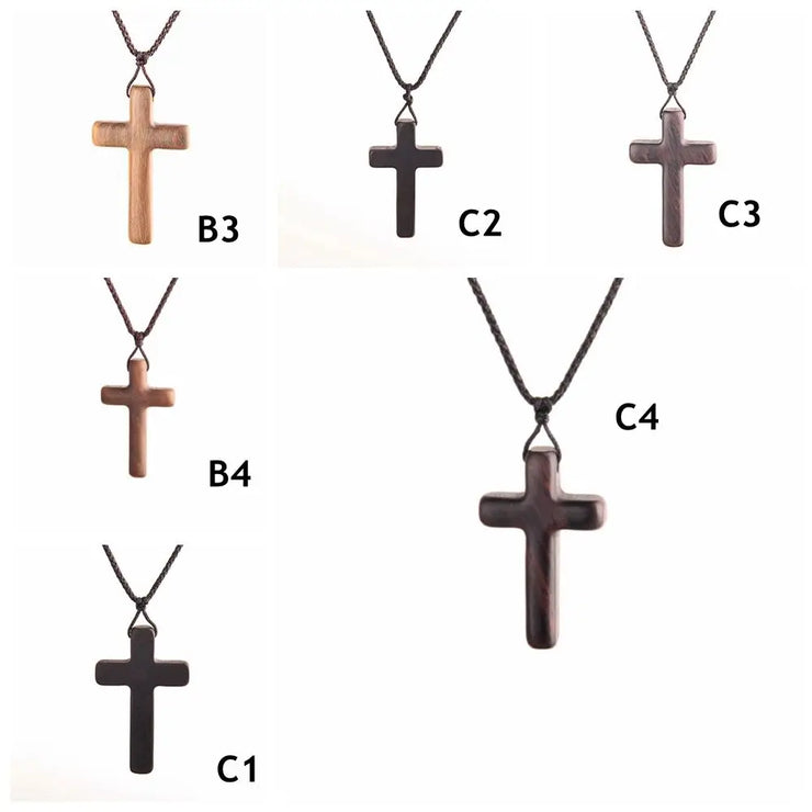 Religious cross necklace for men and women by Fresh Faith Designs featuring various wooden cross pendants on leather cords