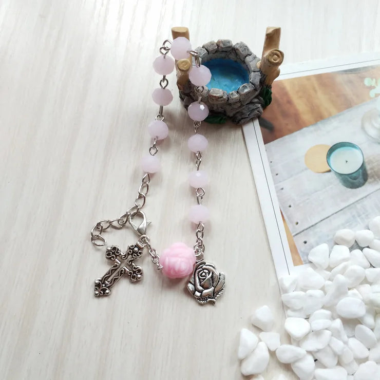 Fresh Faith Designs pink beaded bracelet with cross and rose charms religious jewelry for women