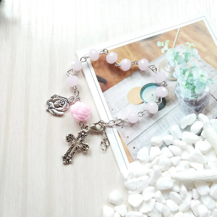 Religious jewelry for women pink bead bracelet with silver cross and rose charms by Fresh Faith Designs