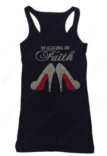 Black tank top with rhinestone design of high heels and Walking In Faith text faith based women's apparel