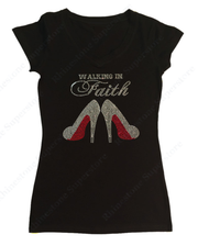 Black women's t-shirt from Fresh Faith Designs with rhinestone high heel graphic and walking in faith text, faith based women's apparel