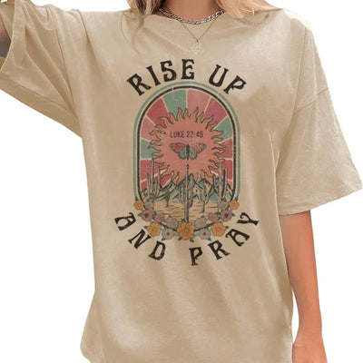 Fresh Faith Designs Bible verse graphic tee short sleeve with Rise Up and Pray design in beige