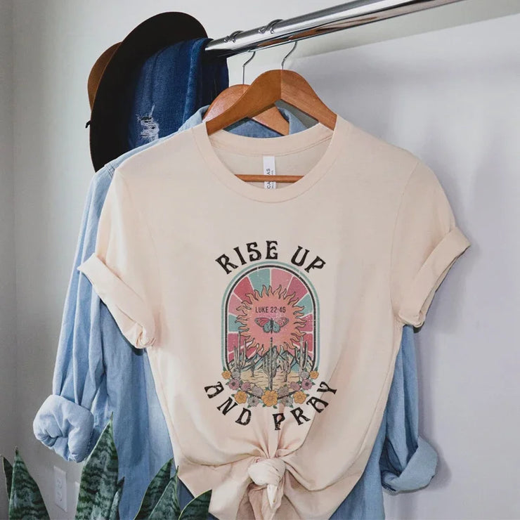 Bible verse graphic tee short sleeve with Rise Up and Pray design by Fresh Faith Designs