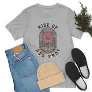 Fresh Faith Designs Bible verse graphic tee short sleeve in gray with Rise Up and Pray design