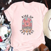 Fresh Faith Designs Bible verse graphic tee short sleeve pink shirt with Rise Up and Pray design