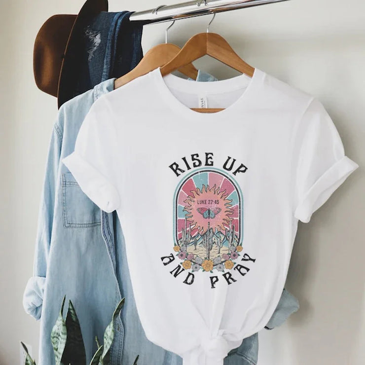 Fresh Faith Designs Bible verse graphic tee short sleeve white Rise Up and Pray design