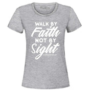 Gray Christian women's t-shirt with Walk by Faith Not by Sight Bible verse design