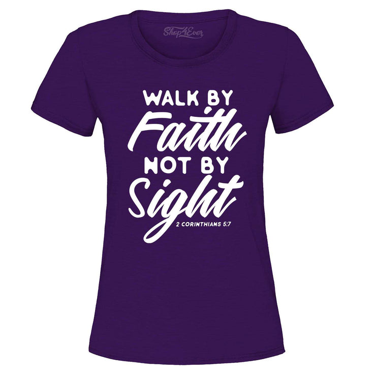 Purple Christian women's t-shirt with Walk by Faith Not by Sight 2 Corinthians 5:7 scripture design