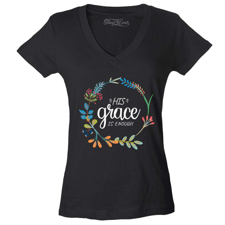 Black V-neck T-shirt with floral wreath and His grace is enough text in religious women's clothing