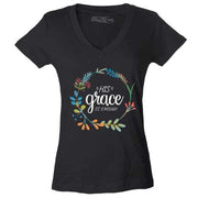 Black V-neck t-shirt with colorful floral wreath and His grace is enough text religious women's clothing