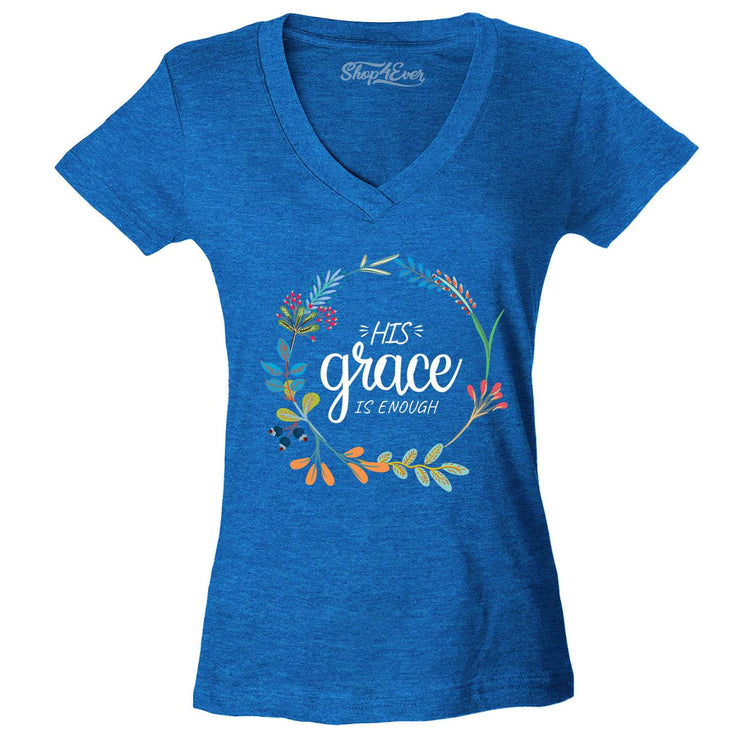 Blue V-neck T-shirt with floral wreath and His grace is enough text religious women's clothing