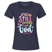 Navy Christian women's t-shirt with Be Still and Know That I am God Psalm 46:10 floral design