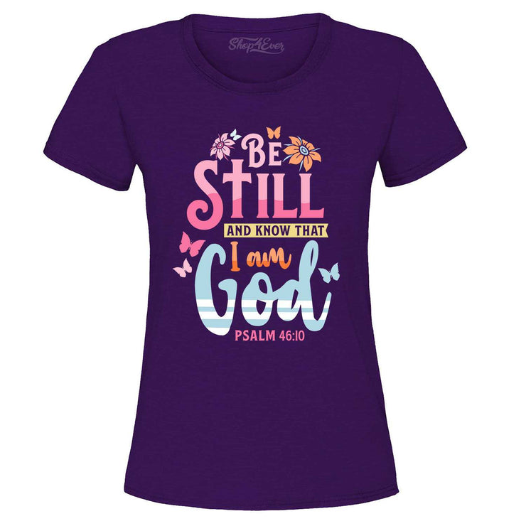 Purple Christian women's t-shirt with Be Still and Know That I Am God Psalm 46:10 floral design