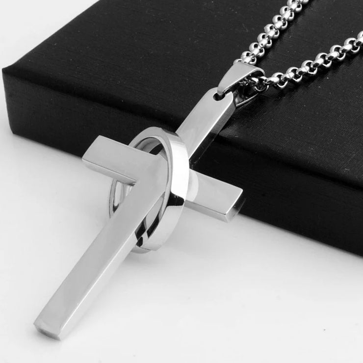 Silver cross pendant necklace with circular accent on chain faith jewelry for adults