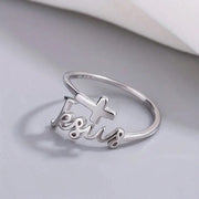 Silver Jesus cross ring by Fresh Faith Designs women's Christian rings with delicate script design